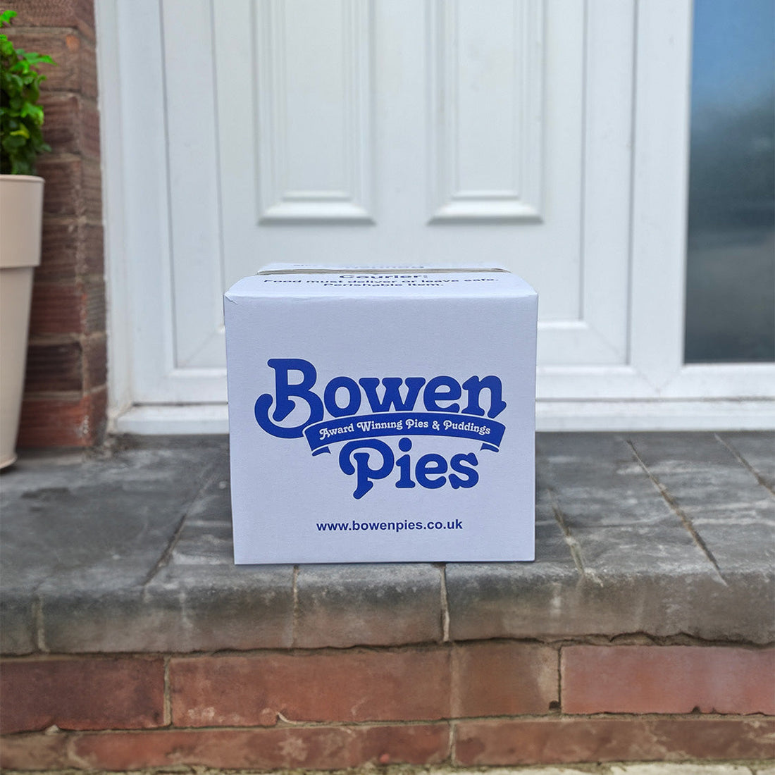 Bowen Pies delivery box on doorstep | Traditional UK pie delivery