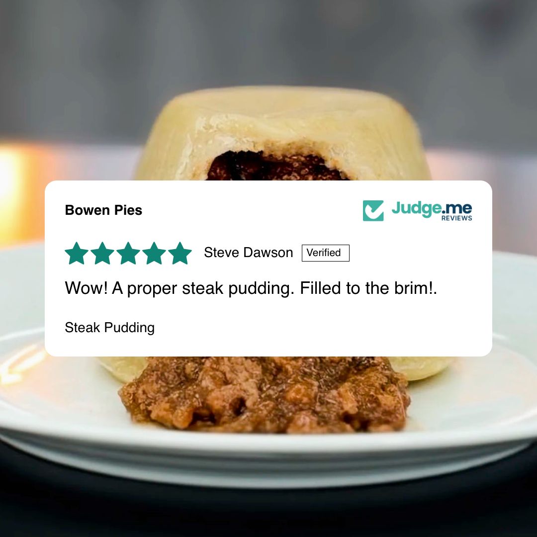 Traditional steak pudding on a plate with a top customer review. 