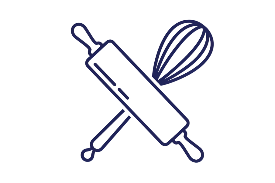 Utensils used to bake a pie for delivery. An icon of a rolling pin and a whisk.