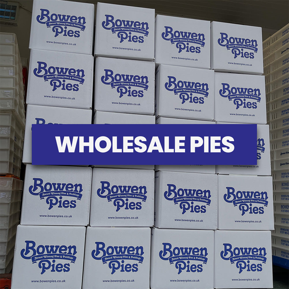 Stack of Bowen Pies wholesale pies in boxes. Label stating 'Wholesale Pies'.