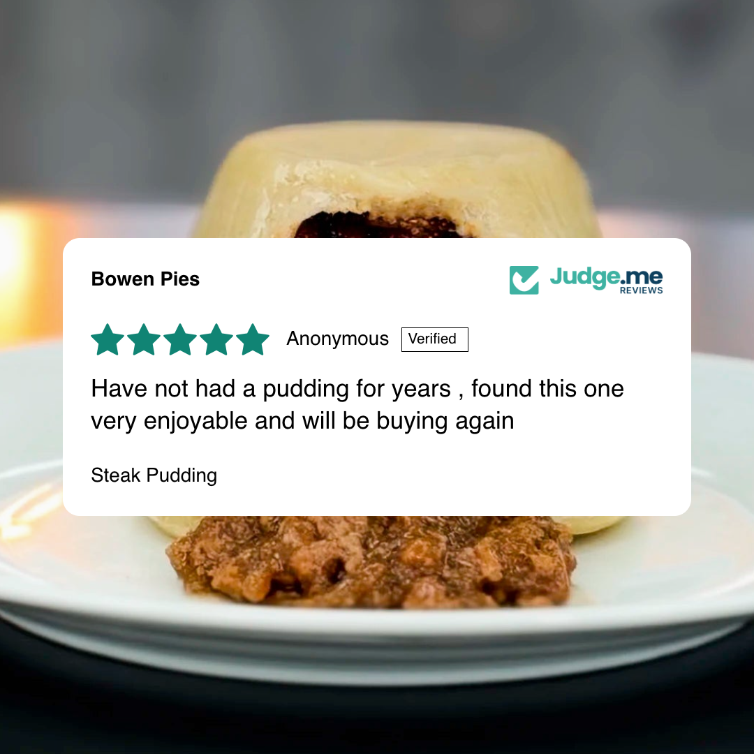 Steak pudding on a plate with a five-star review overlay. Proper steak puddings delivered in the UK.